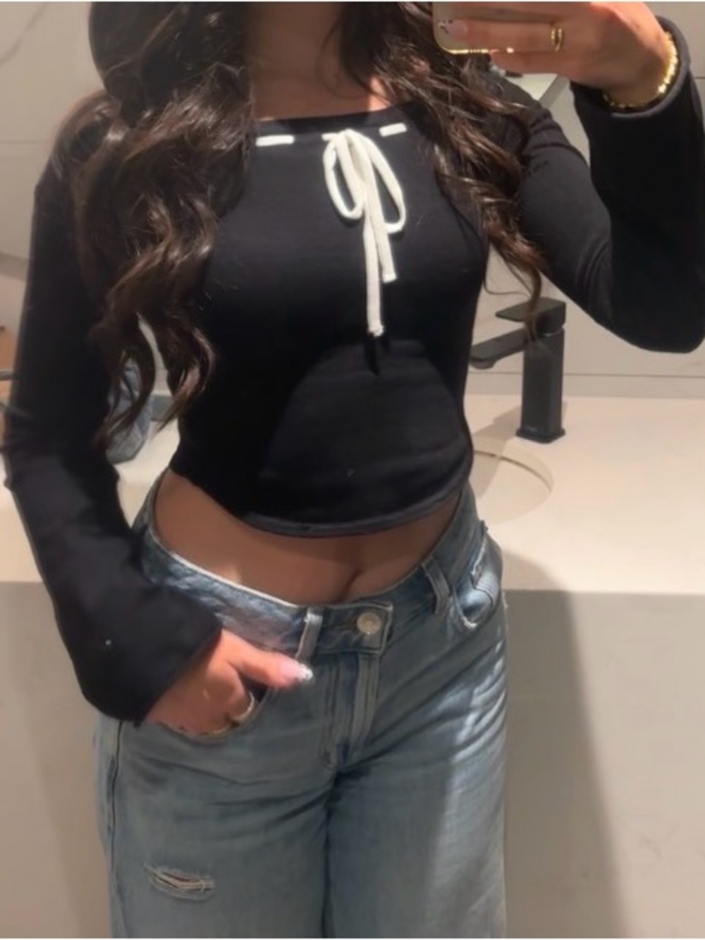 Black Off-Shoulder Long Sleeve Top with White Tie Detail